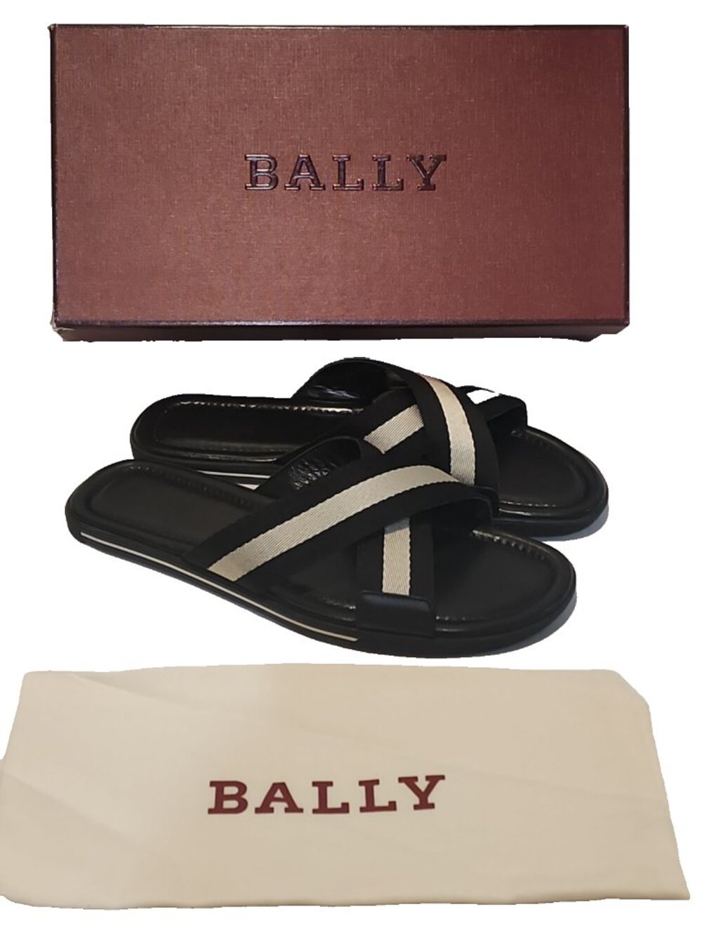 Bally Black Sandals with Cream Cross-Strap Detail